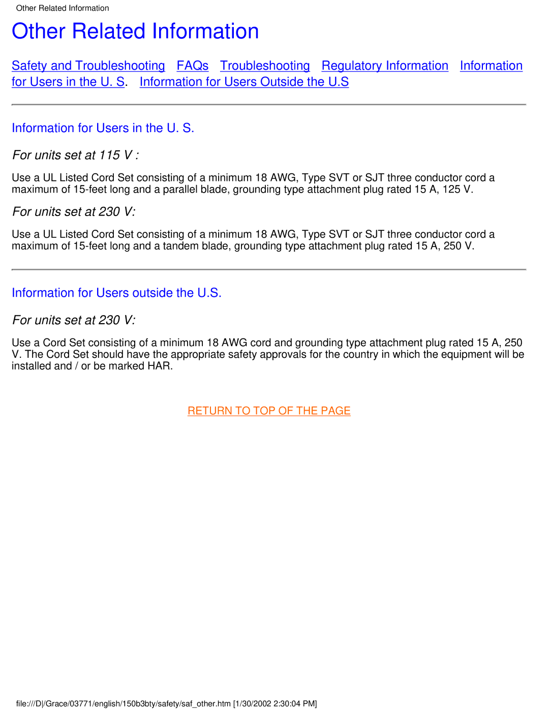 Philips 150B3B, 150B3Y Other Related Information, Information for Users in the U. S, Information for Users outside the U.S 