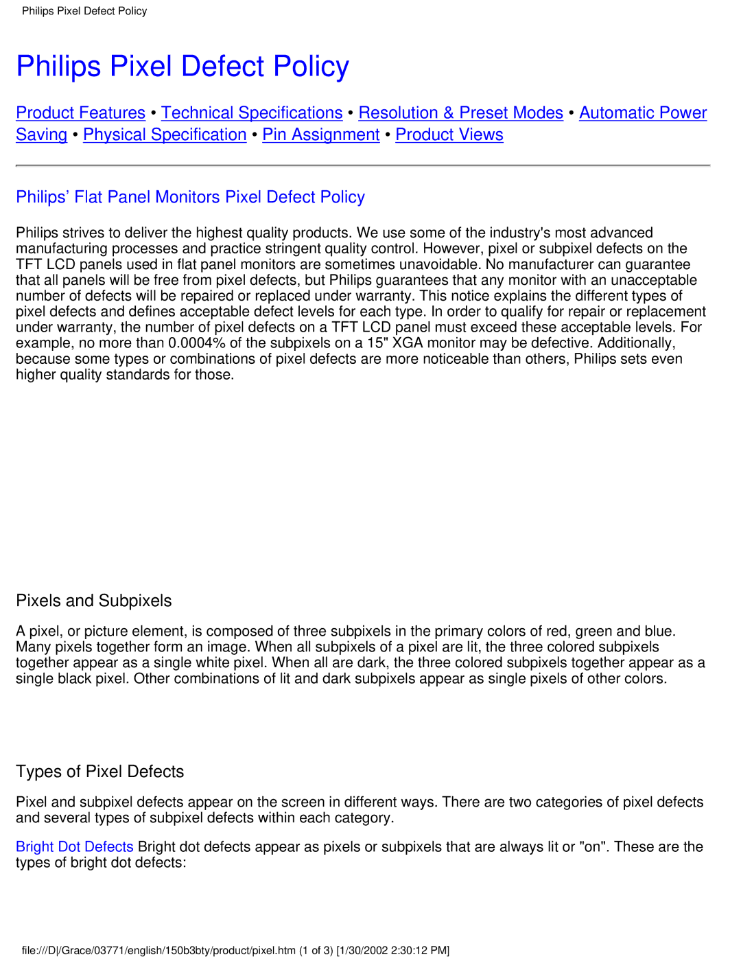 Philips 150B3T, 150B3Y, 150B3B user manual Philips Pixel Defect Policy, Philips Flat Panel Monitors Pixel Defect Policy 