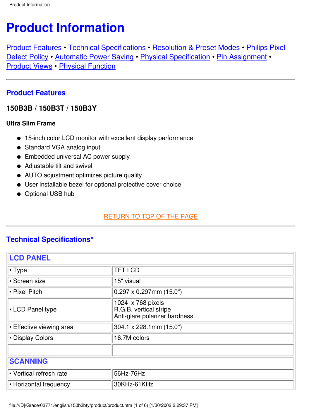 Philips 150B3Y, 150B3B, 150B3T user manual Product Information, Product Features, Technical Specifications 