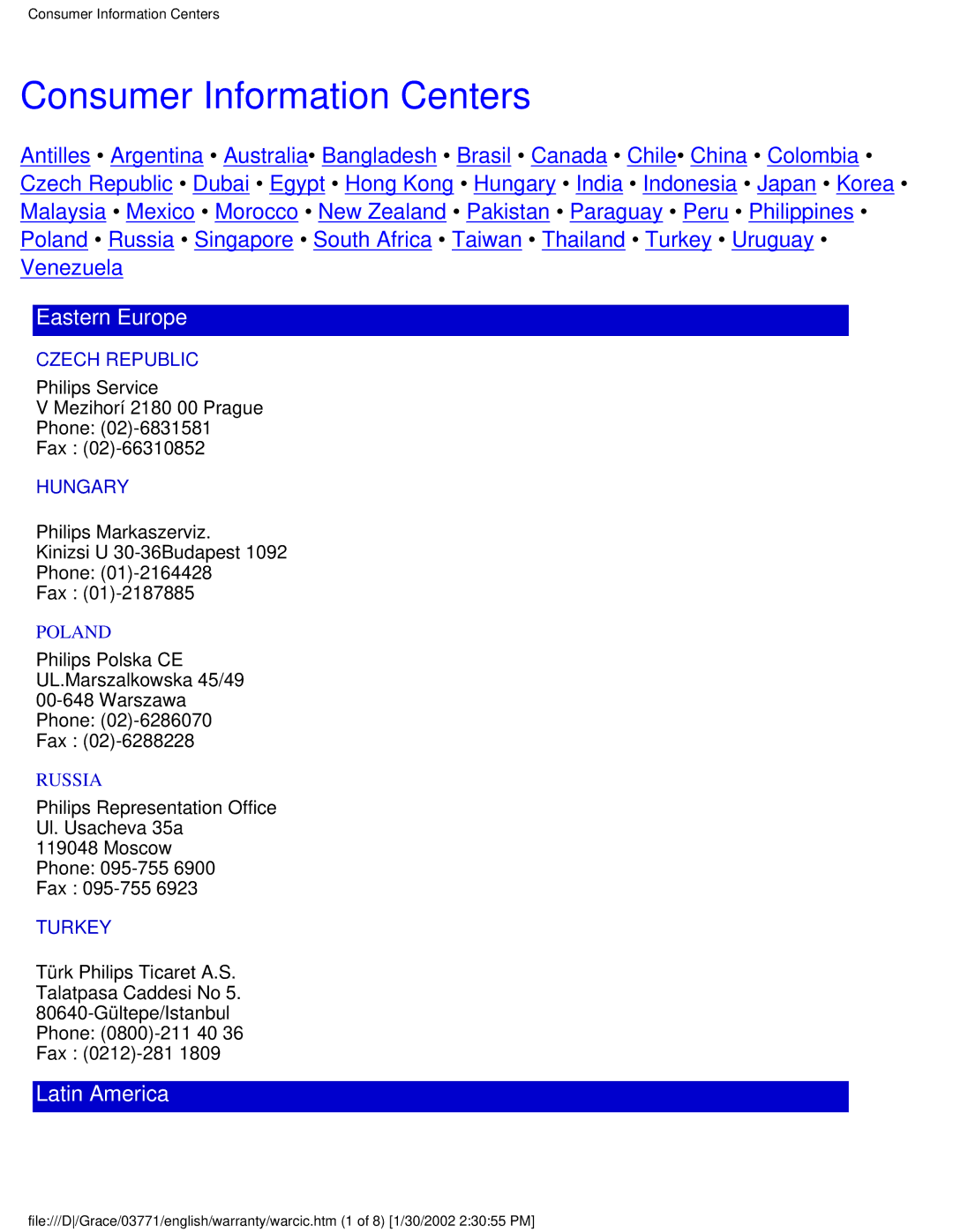 Philips 150B3T, 150B3Y, 150B3B user manual Consumer Information Centers, Eastern Europe 