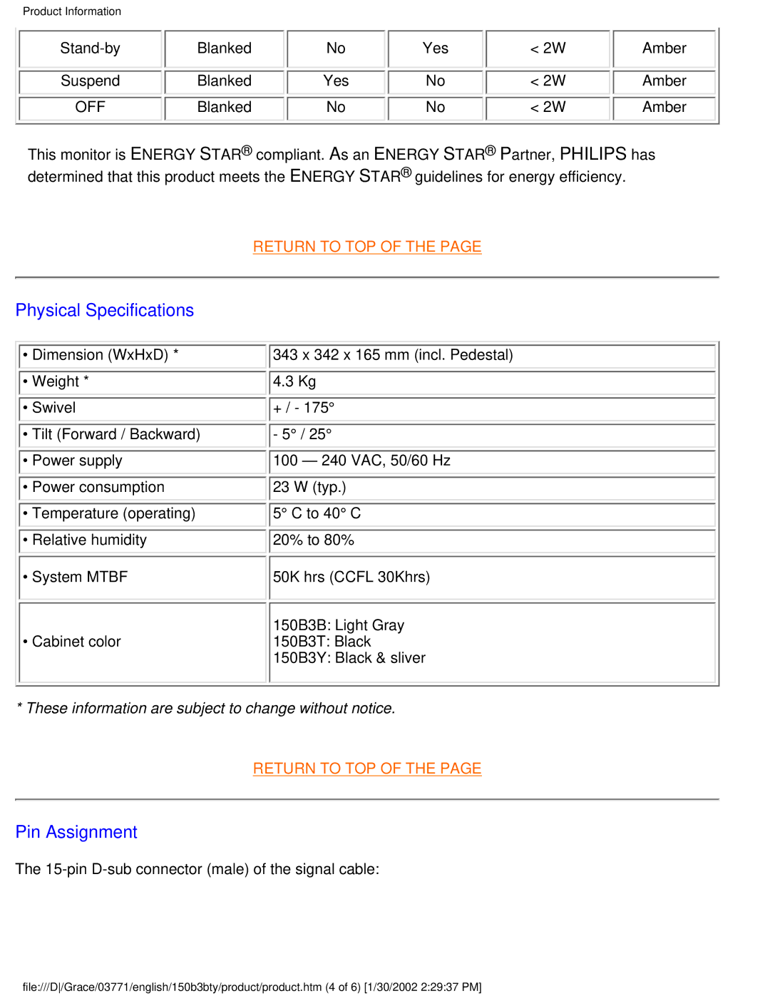 Philips 150B3Y, 150B3B, 150B3T user manual Physical Specifications, Pin Assignment 