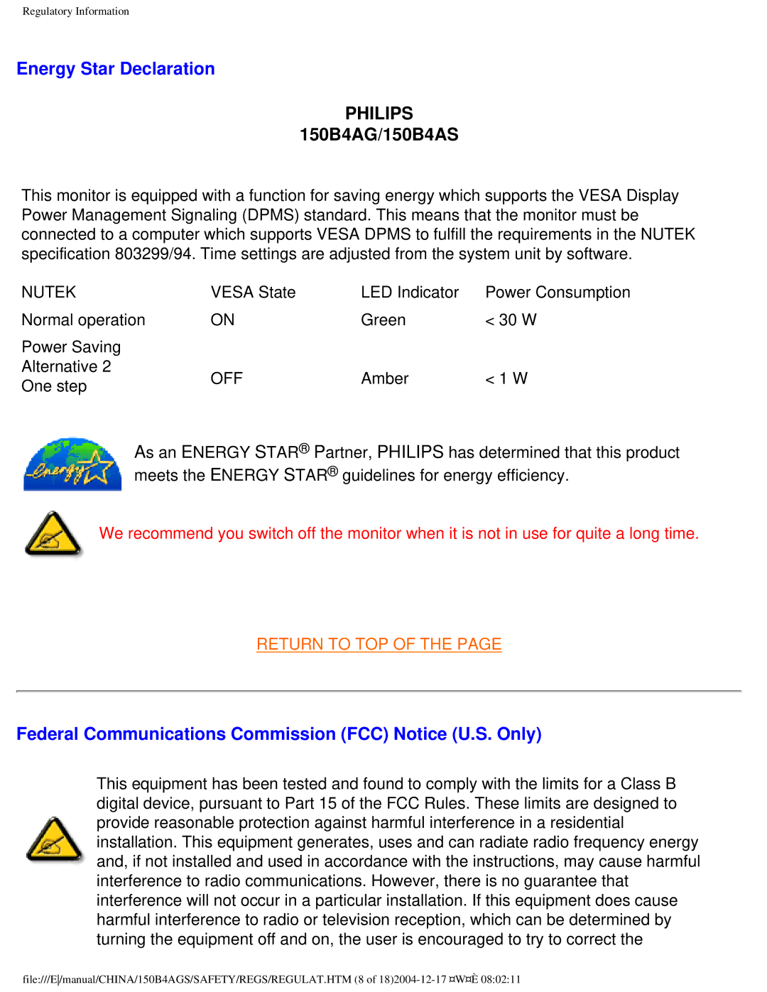 Philips 150B4AS, 150B4AG user manual Energy Star Declaration, Federal Communications Commission FCC Notice U.S. Only 