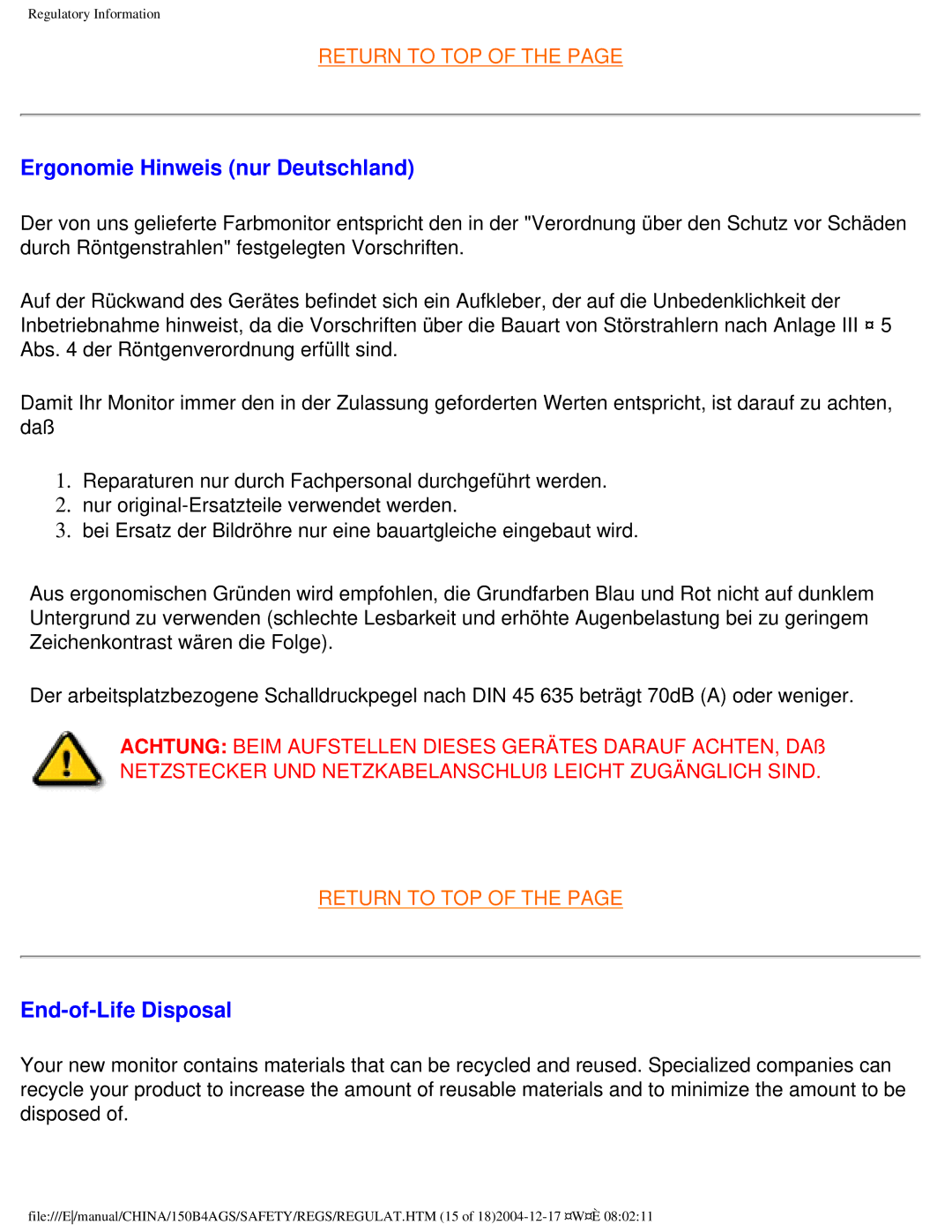 Philips 150B4AG, 150B4AS user manual Ergonomie Hinweis nur Deutschland, End-of-Life Disposal 