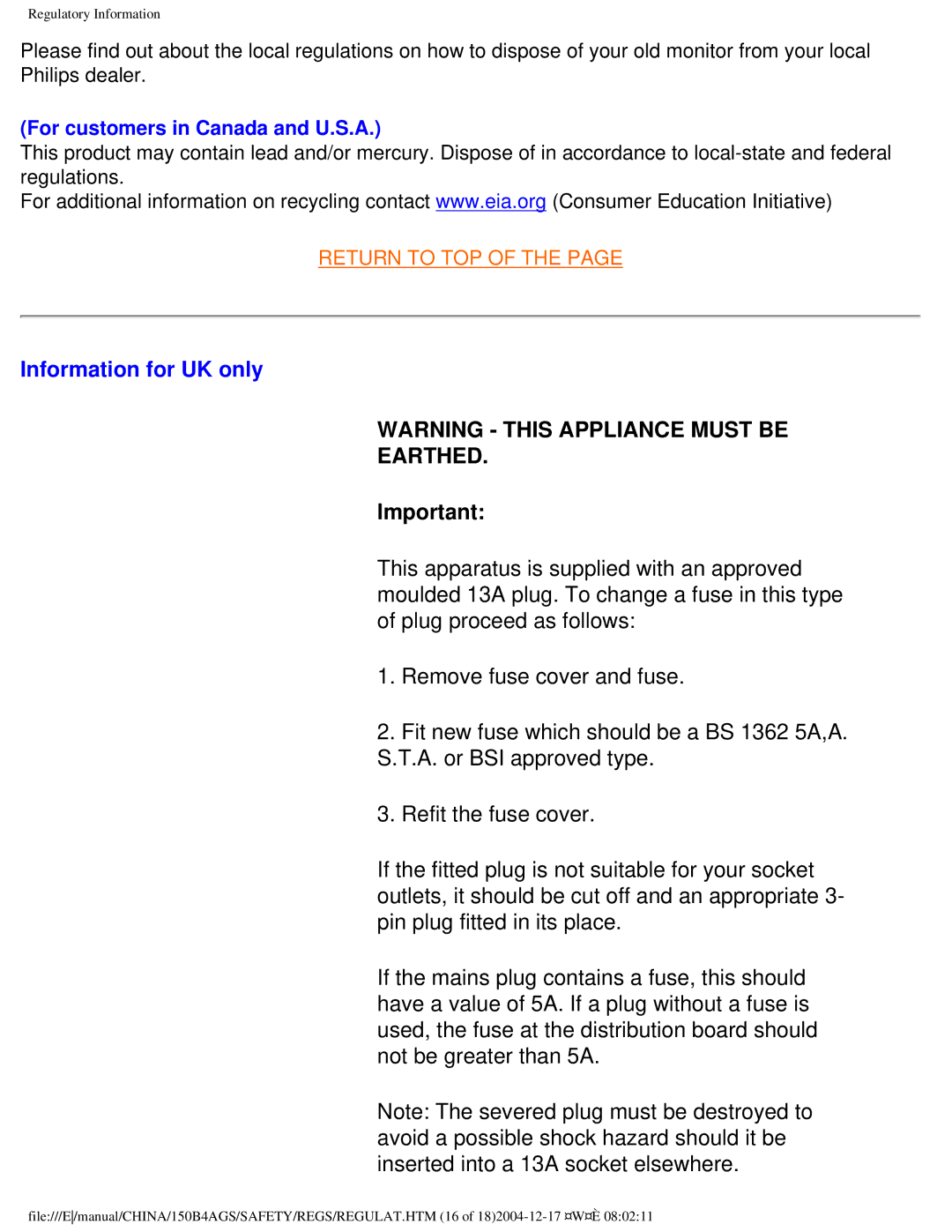 Philips 150B4AS, 150B4AG user manual Information for UK only, For customers in Canada and U.S.A 