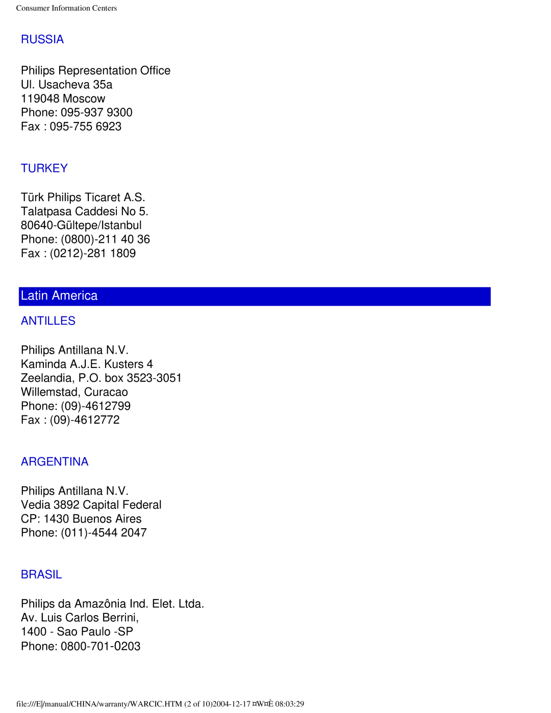 Philips 150B4AG, 150B4AS user manual Russia, Turkey, Antilles, Argentina, Brasil 