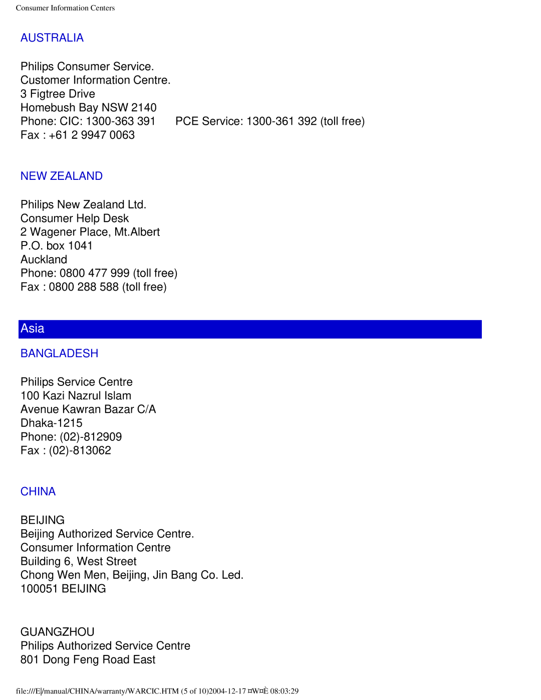 Philips 150B4AS, 150B4AG user manual Australia, NEW Zealand, Bangladesh, China 