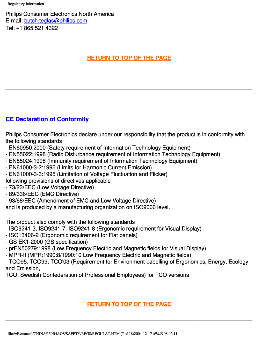 Philips 150B4AG, 150B4AS user manual CE Declaration of Conformity, Return To Top Of The Page 