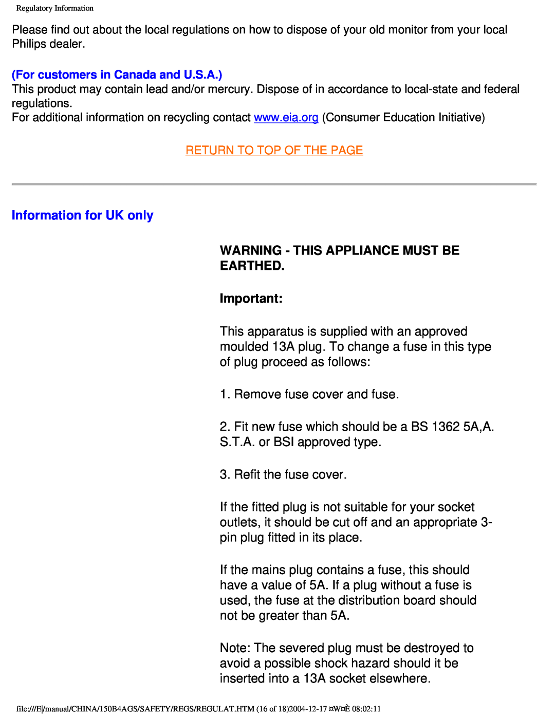 Philips 150B4AS, 150B4AG user manual Information for UK only, Warning - This Appliance Must Be Earthed 