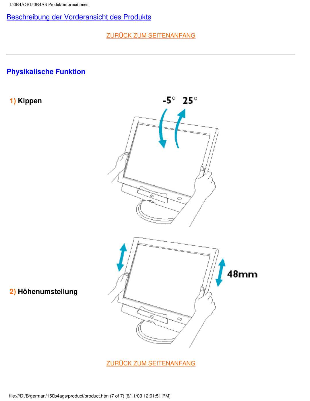 Philips 150B4AG user manual Physikalische Funktion, Kippen Höhenumstellung 