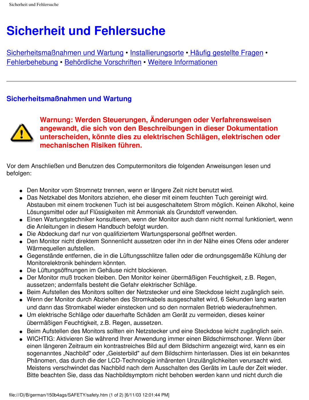 Philips 150B4AG user manual Sicherheit und Fehlersuche, Sicherheitsmaßnahmen und Wartung 