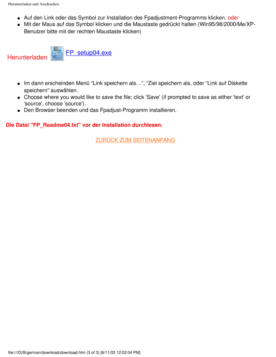 Philips 150B4AG user manual Herunterladen FPsetup04.exe 