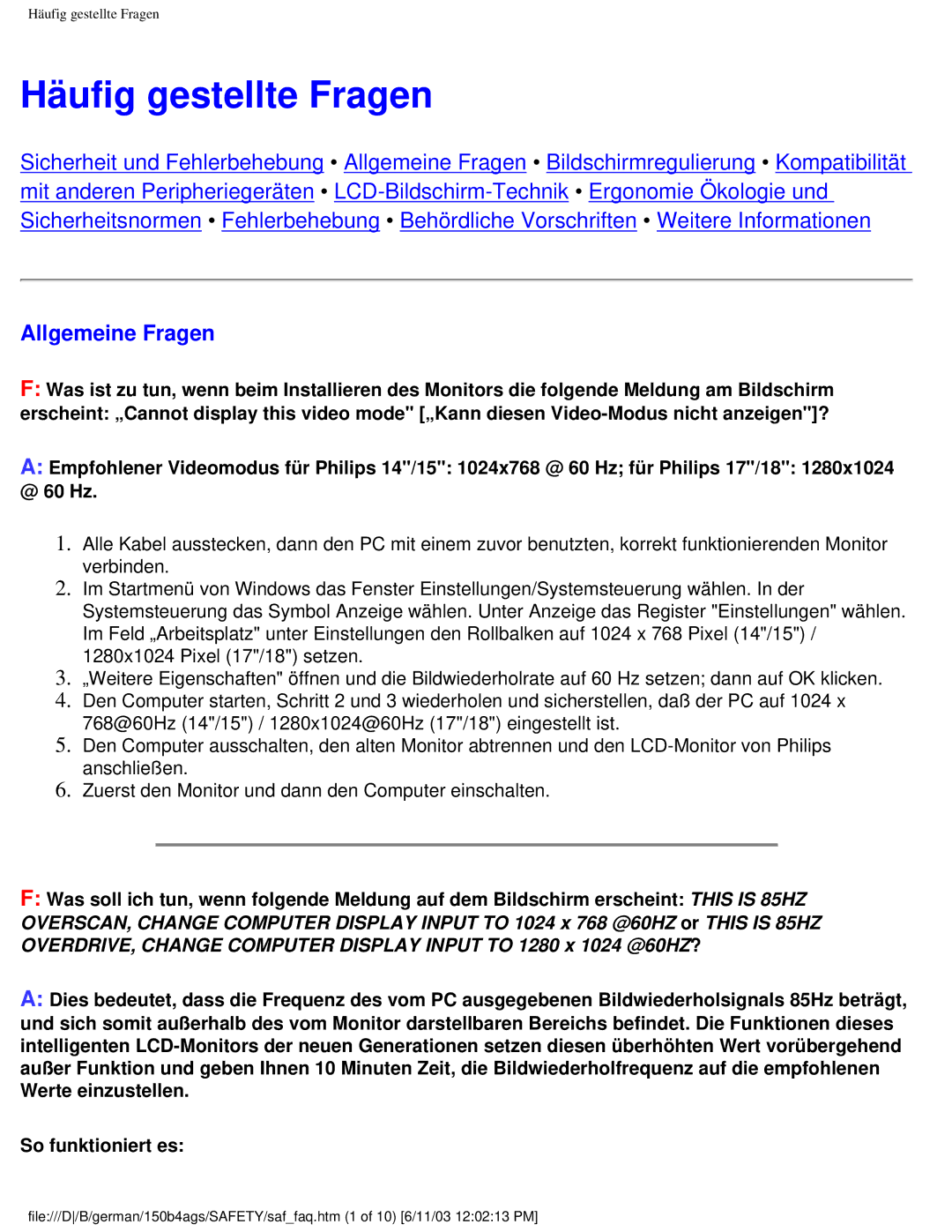 Philips 150B4AG user manual Häufig gestellte Fragen, Allgemeine Fragen 