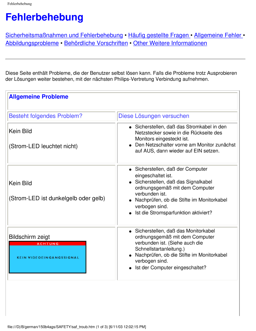 Philips 150B4AG user manual Fehlerbehebung, Allgemeine Probleme, Bildschirm zeigt 