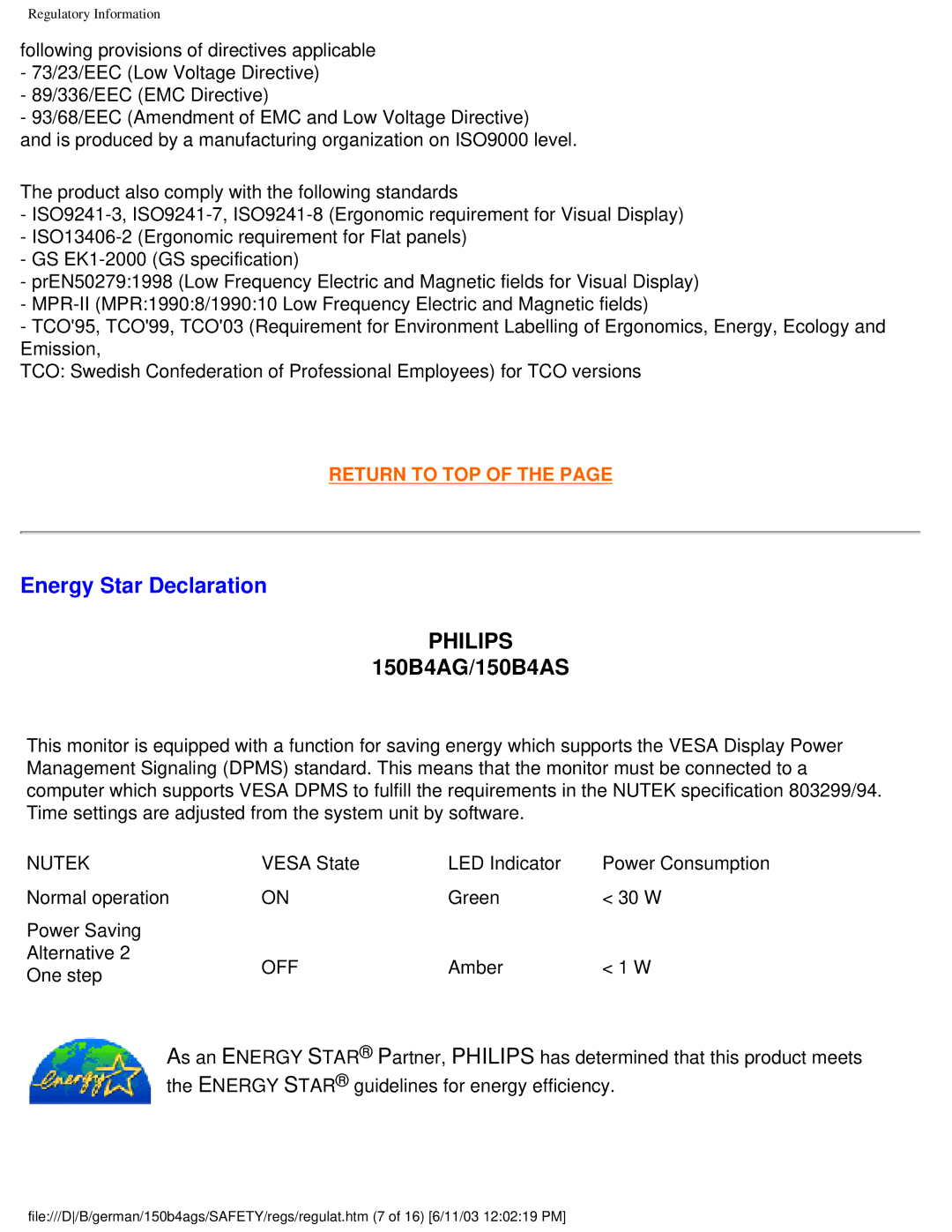 Philips 150B4AG user manual Energy Star Declaration, Philips 