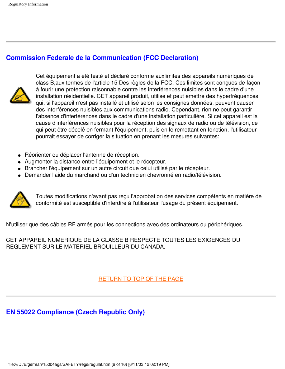 Philips 150B4AG Commission Federale de la Communication FCC Declaration, EN 55022 Compliance Czech Republic Only 