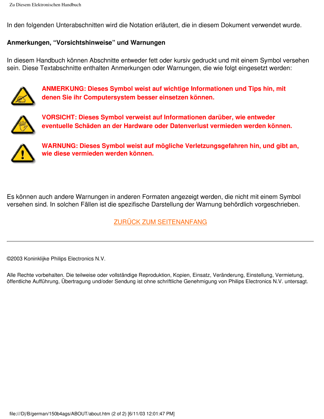 Philips 150B4AG user manual Anmerkungen, Vorsichtshinweise und Warnungen 