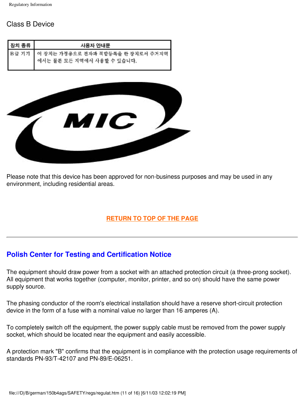 Philips 150B4AG user manual Class B Device, Polish Center for Testing and Certification Notice 