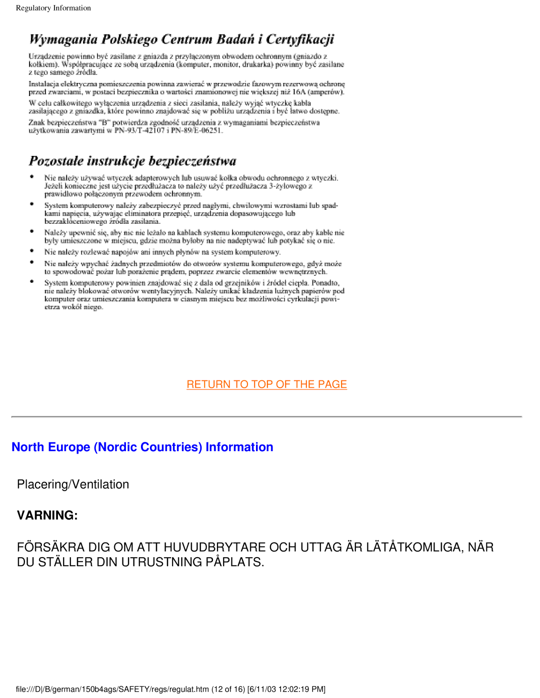 Philips 150B4AG user manual North Europe Nordic Countries Information, Placering/Ventilation 