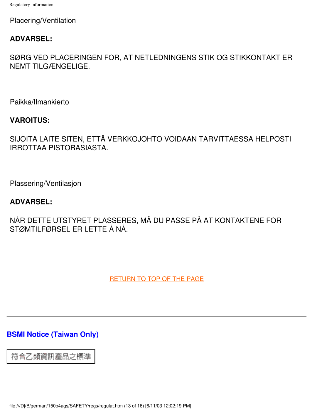 Philips 150B4AG user manual Paikka/Ilmankierto, Plassering/Ventilasjon, Bsmi Notice Taiwan Only 