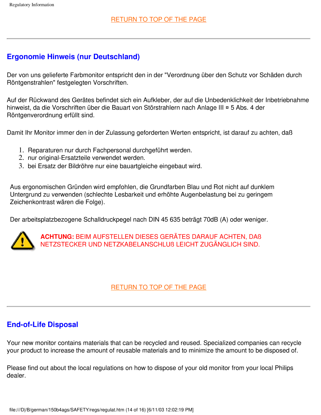 Philips 150B4AG user manual Ergonomie Hinweis nur Deutschland, End-of-Life Disposal 