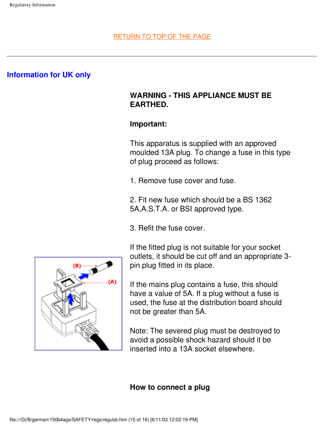 Philips 150B4AG user manual Information for UK only, Earthed 