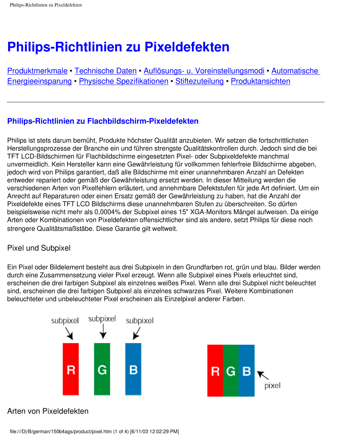 Philips 150B4AG user manual Philips-Richtlinien zu Pixeldefekten, Philips-Richtlinien zu Flachbildschirm-Pixeldefekten 