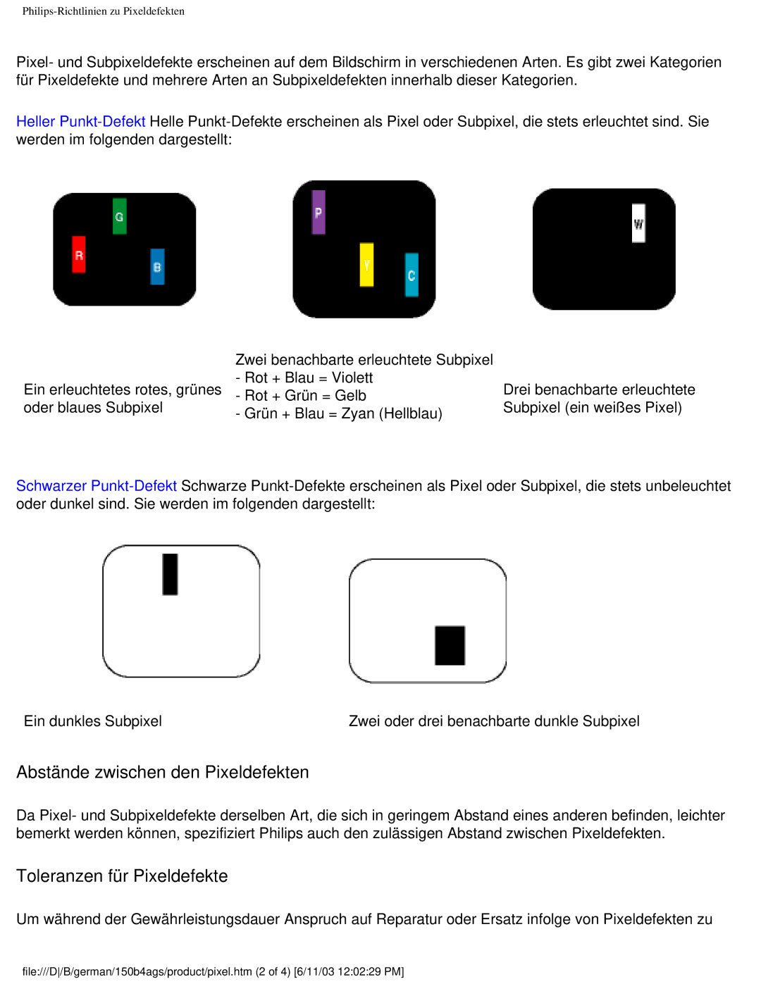 Philips 150B4AG user manual Abstände zwischen den Pixeldefekten, Toleranzen für Pixeldefekte 