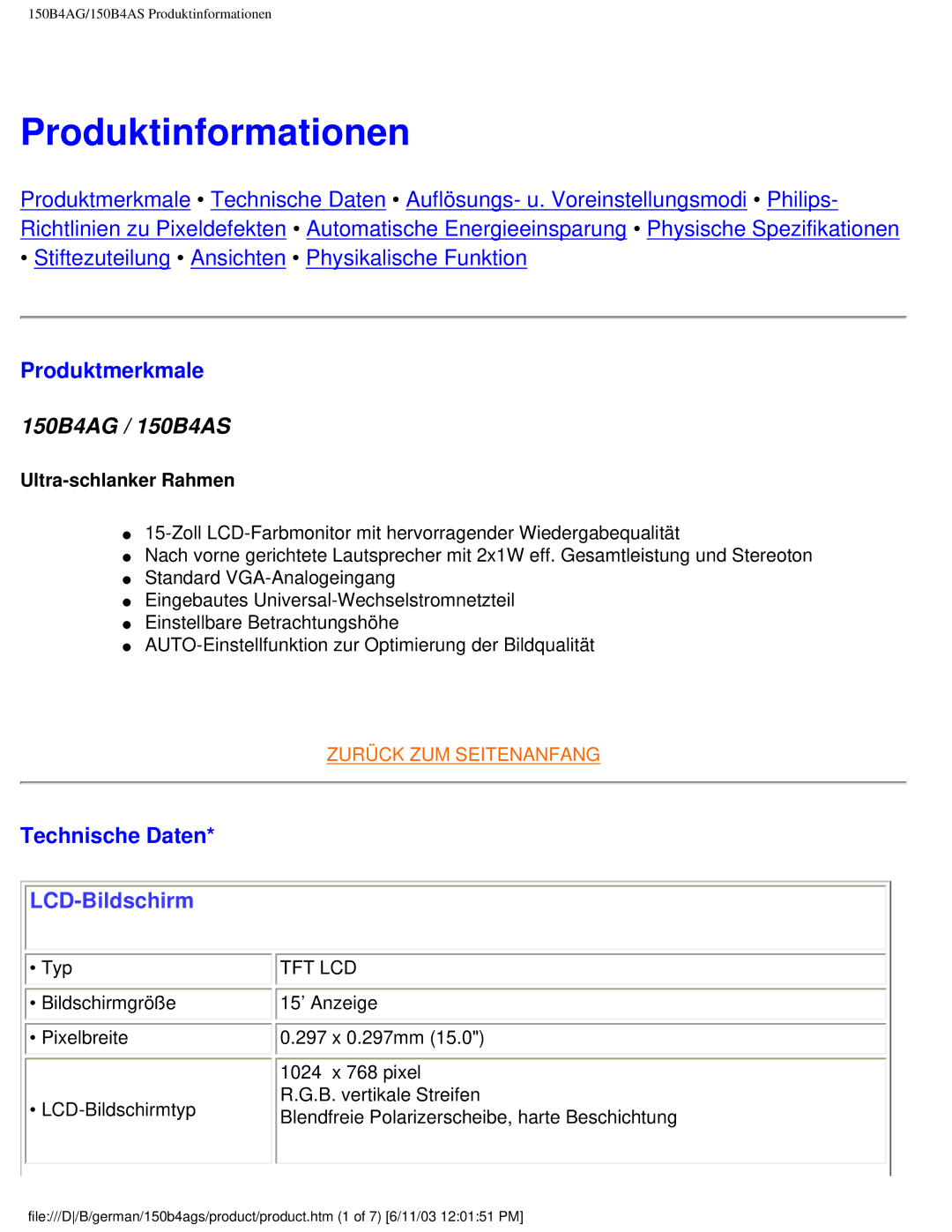 Philips 150B4AG user manual Produktinformationen, Produktmerkmale, Technische Daten 