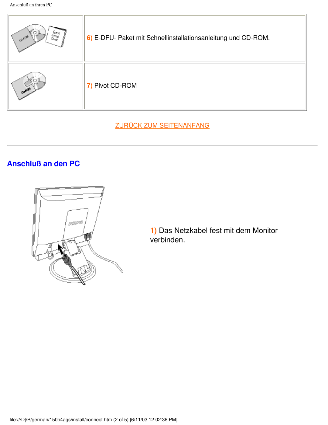 Philips 150B4AG user manual Anschluß an den PC, Das Netzkabel fest mit dem Monitor verbinden 