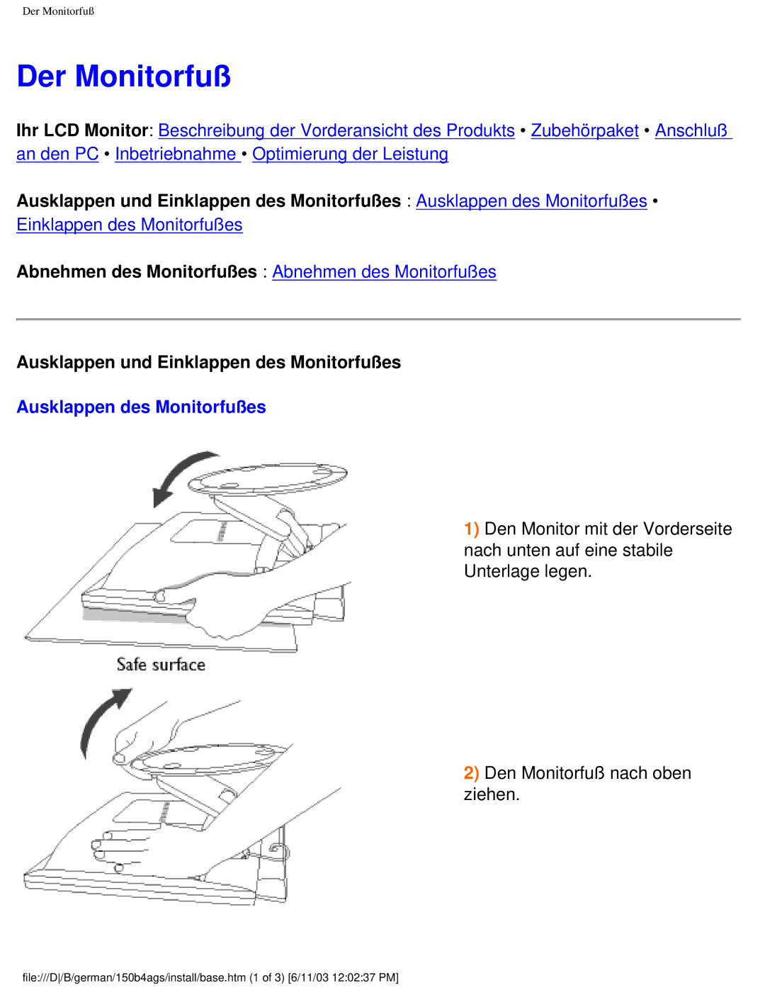 Philips 150B4AG user manual Der Monitorfuß, Ausklappen des Monitorfußes 