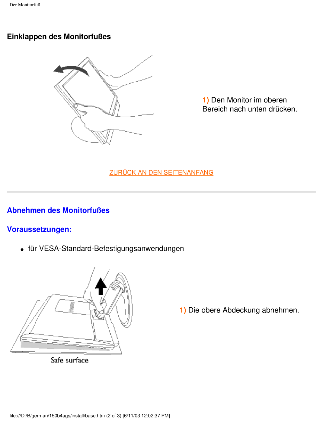 Philips 150B4AG user manual Den Monitor im oberen Bereich nach unten drücken, Abnehmen des Monitorfußes Voraussetzungen 