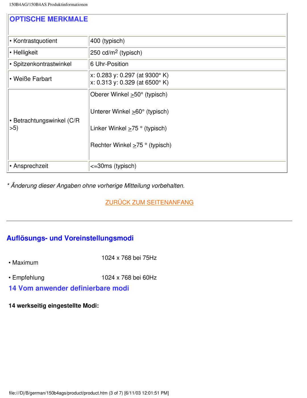 Philips 150B4AG user manual Optische Merkmale, Auflösungs- und Voreinstellungsmodi 