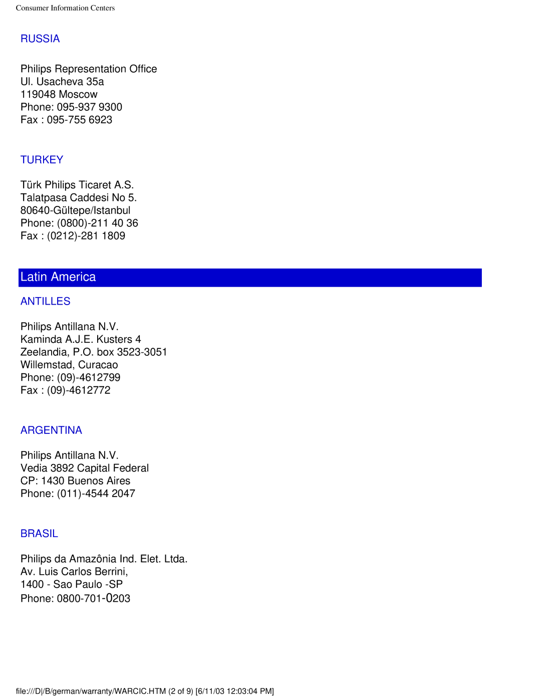 Philips 150B4AG user manual Russia, Turkey, Antilles, Argentina, Brasil 