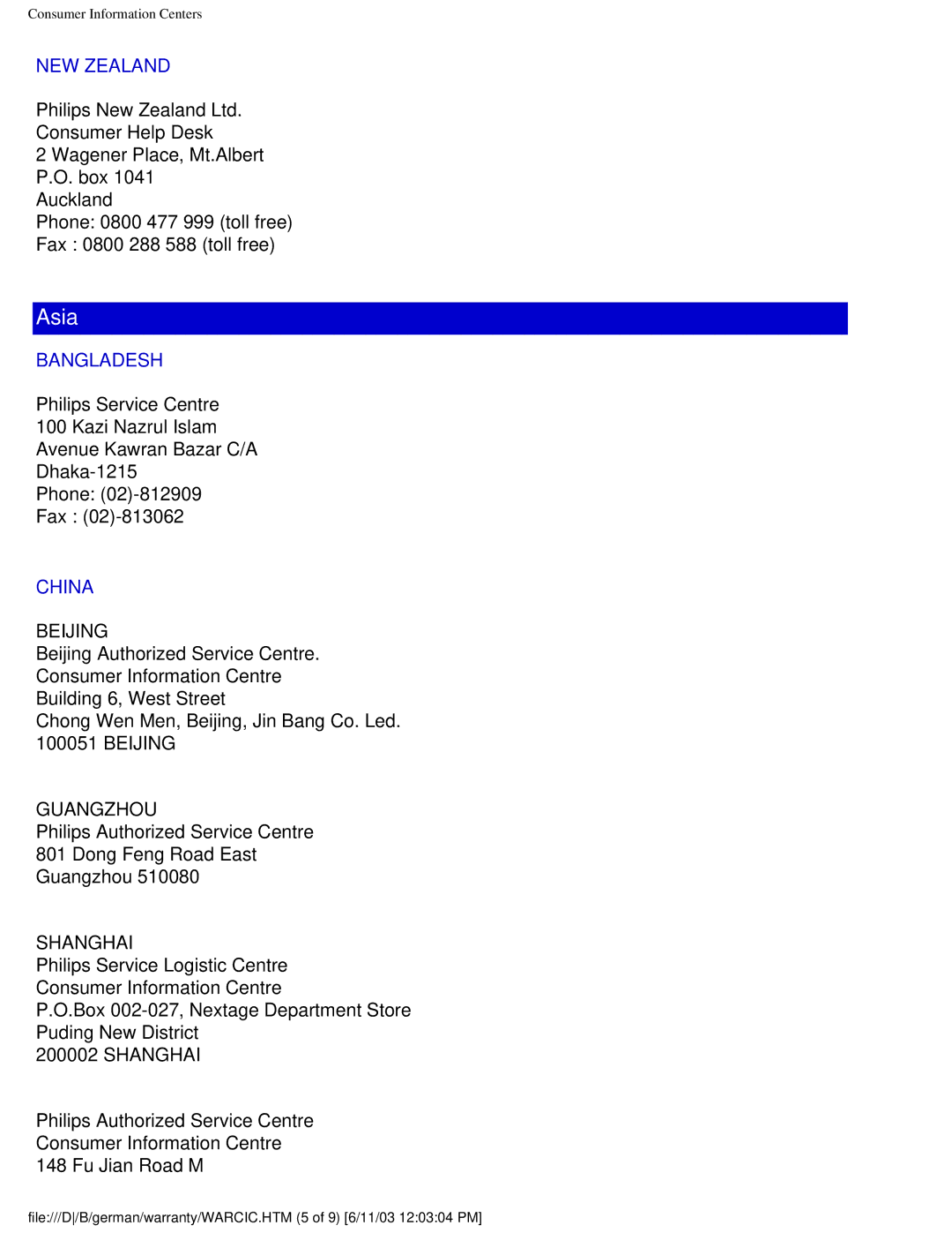 Philips 150B4AG user manual NEW Zealand, Bangladesh, China 