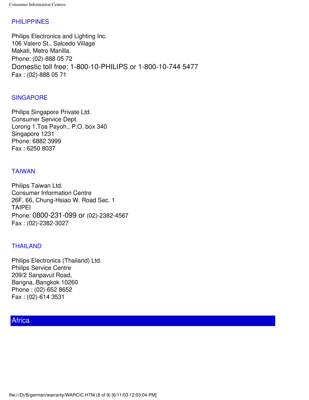 Philips 150B4AG user manual Domestic toll free 1-800-10-PHILIPS or 1-800-10-744, Philippines, Singapore, Taiwan, Thailand 