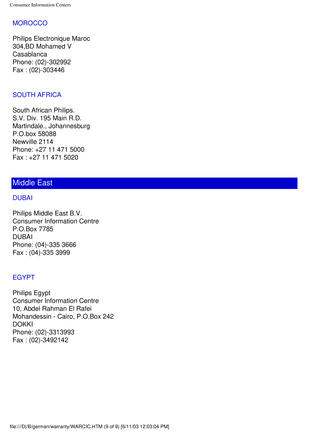 Philips 150B4AG user manual Morocco, South Africa, Dubai, Egypt 