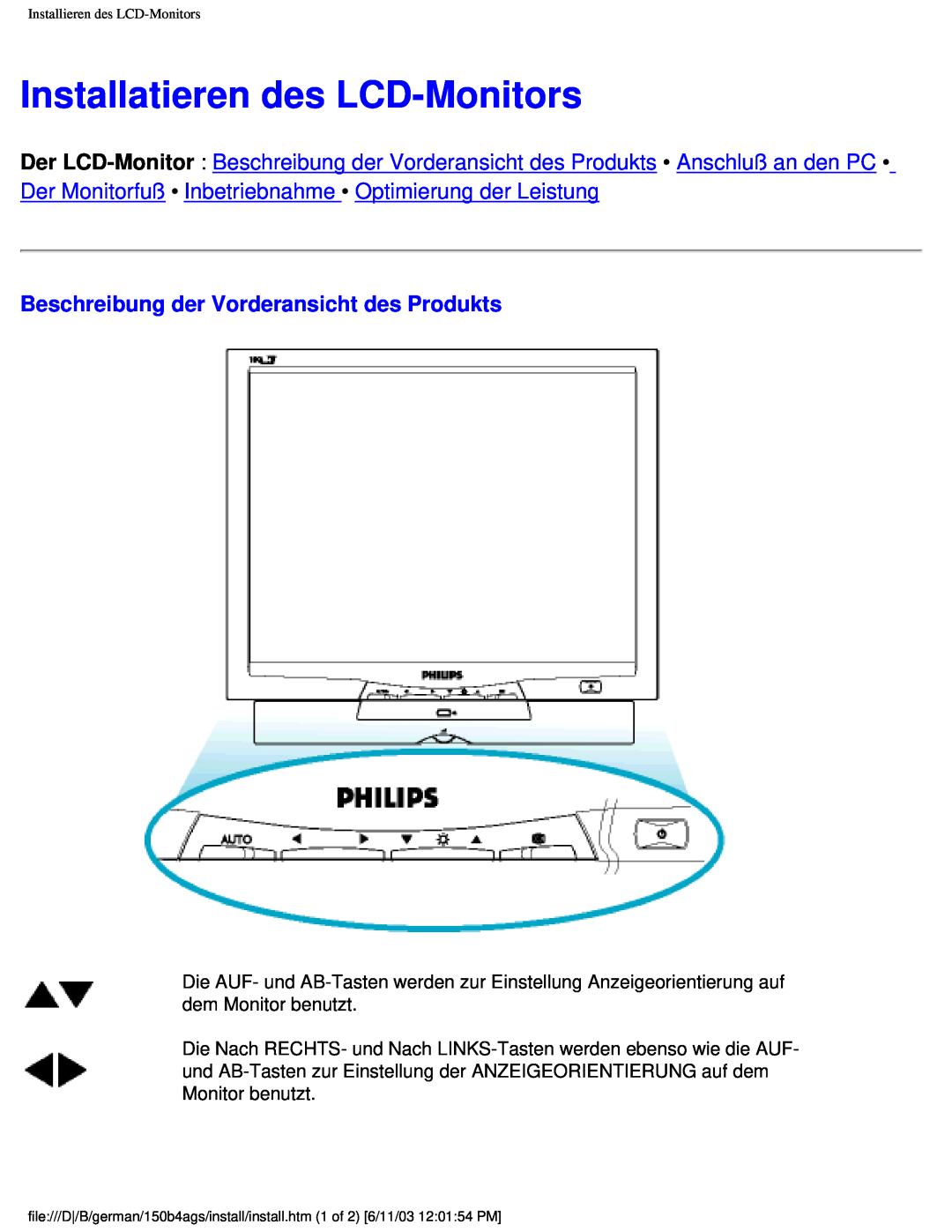 Philips 150B4AG user manual Installatieren des LCD-Monitors, Beschreibung der Vorderansicht des Produkts 