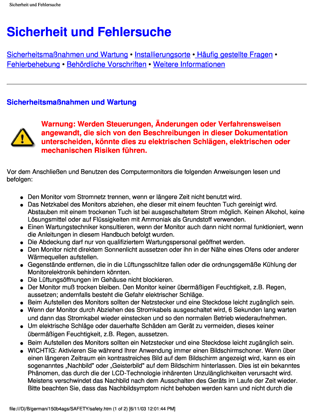 Philips 150B4AG user manual Sicherheit und Fehlersuche, Sicherheitsmaßnahmen und Wartung 