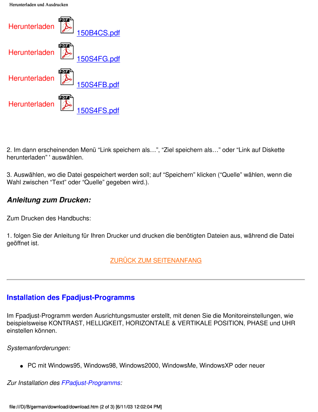 Philips 150B4AG Anleitung zum Drucken, Installation des Fpadjust-Programms, Herunterladen Herunterladen Herunterladen 