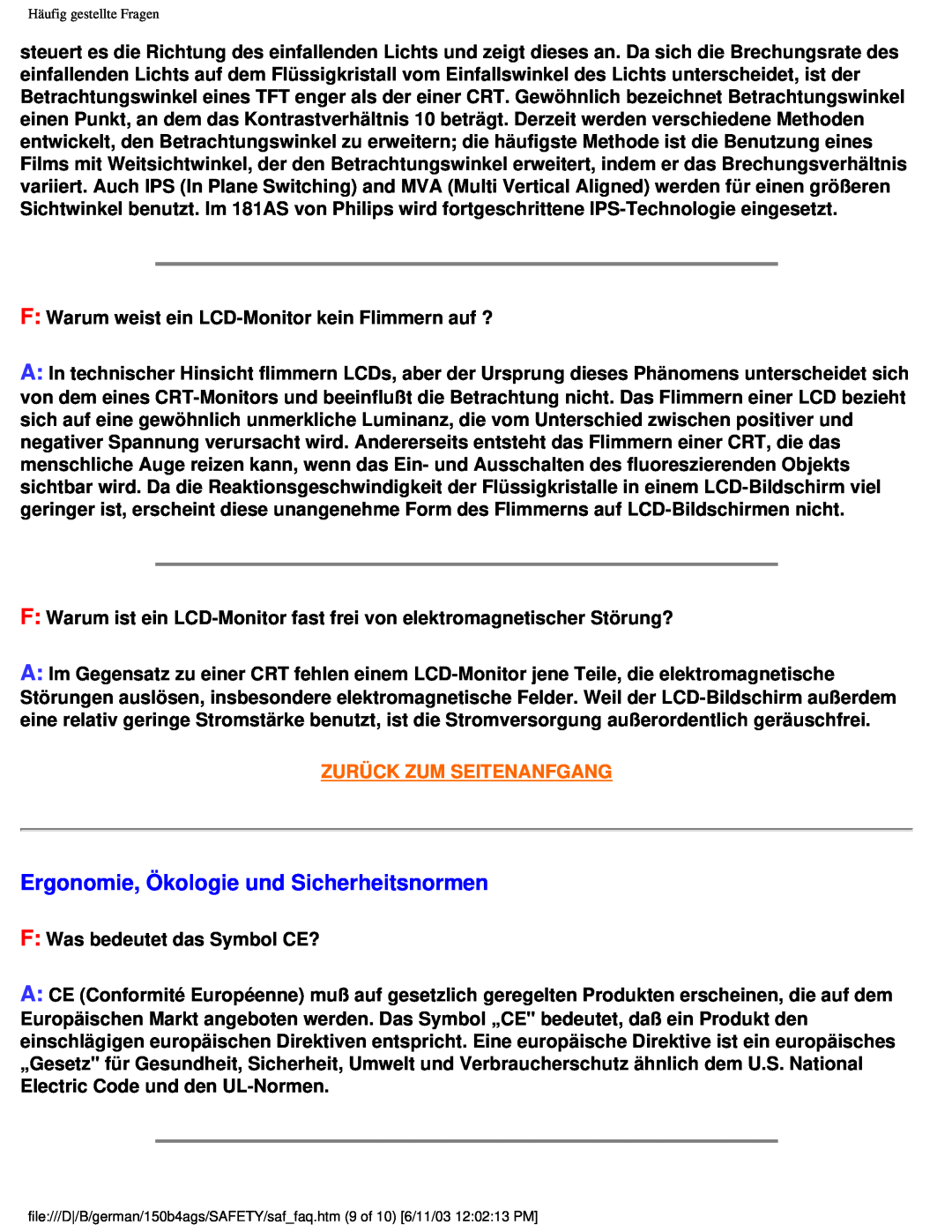 Philips 150B4AG user manual Ergonomie, Ökologie und Sicherheitsnormen, Zurück Zum Seitenanfgang 