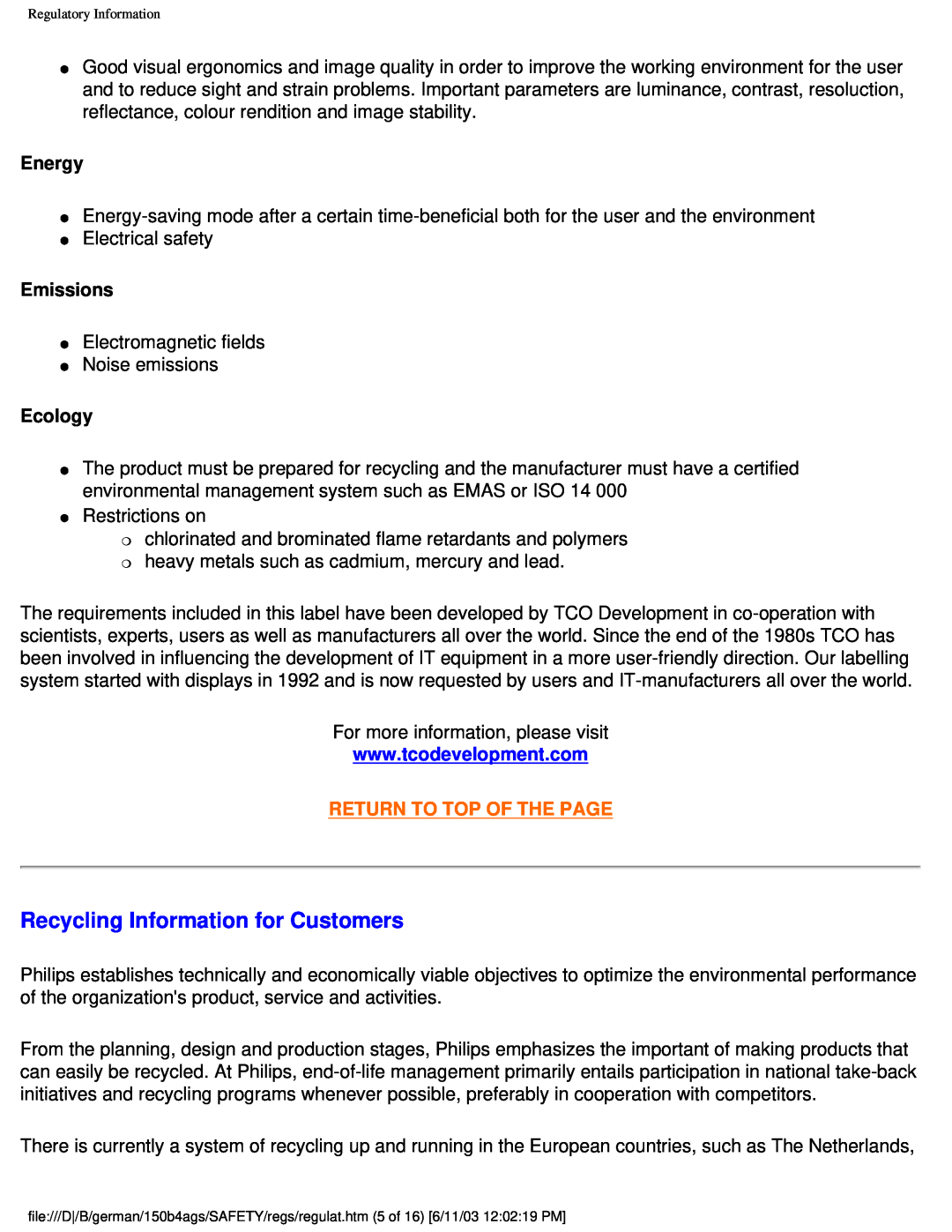Philips 150B4AG user manual Recycling Information for Customers, Energy, Emissions, Ecology, Return To Top Of The Page 