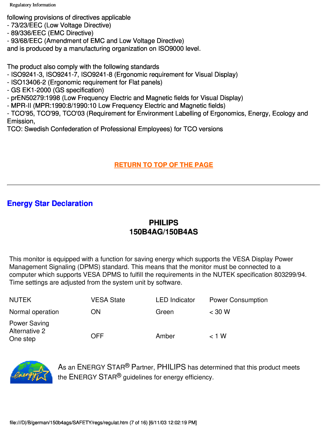 Philips user manual Energy Star Declaration, PHILIPS 150B4AG/150B4AS, Return To Top Of The Page 