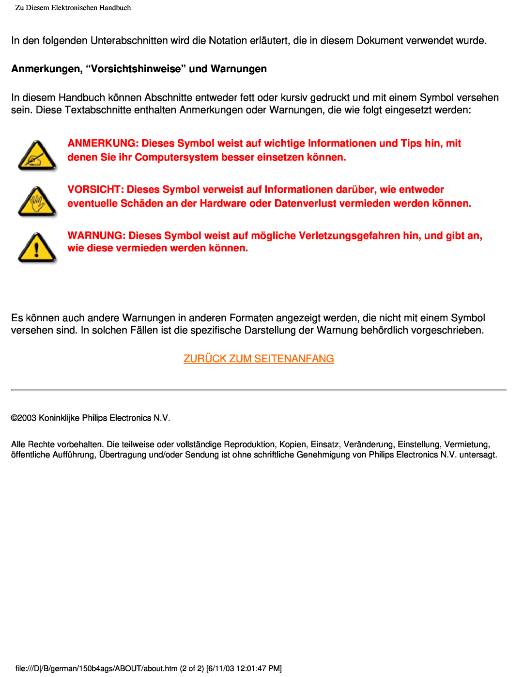 Philips 150B4AG user manual Anmerkungen, “Vorsichtshinweise” und Warnungen, Zurück Zum Seitenanfang 
