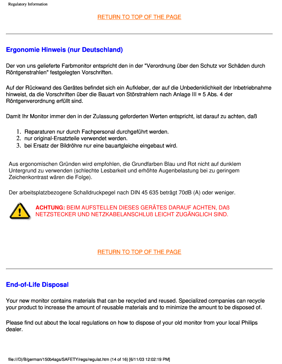 Philips 150B4AG user manual Ergonomie Hinweis nur Deutschland, End-of-LifeDisposal, Return To Top Of The Page 