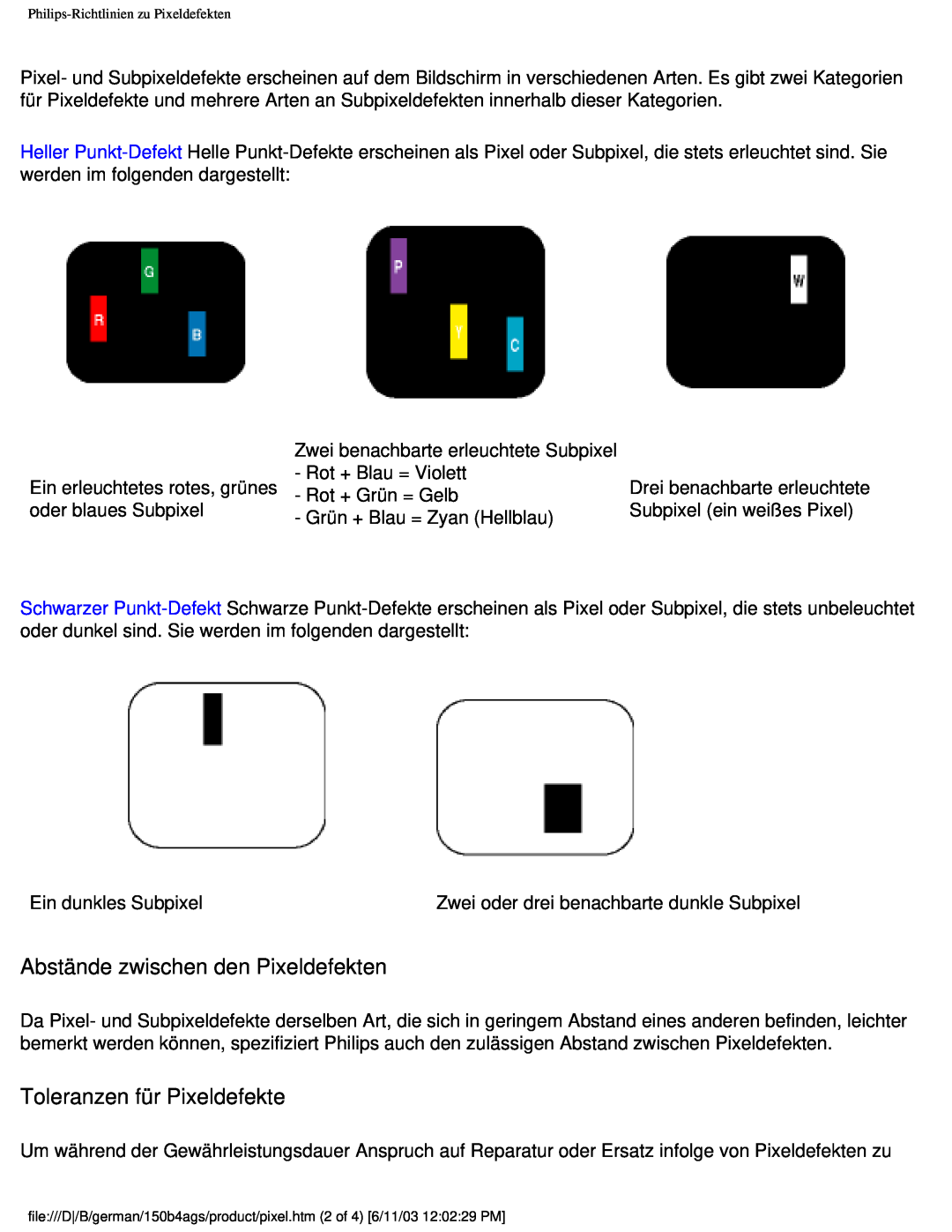 Philips 150B4AG user manual Abstände zwischen den Pixeldefekten, Toleranzen für Pixeldefekte 