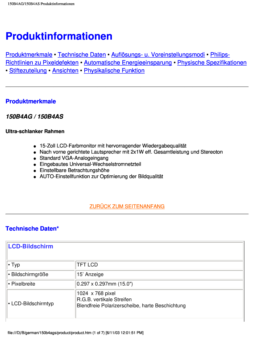 Philips user manual Produktinformationen, Produktmerkmale, 150B4AG / 150B4AS, Technische Daten, LCD-Bildschirm 