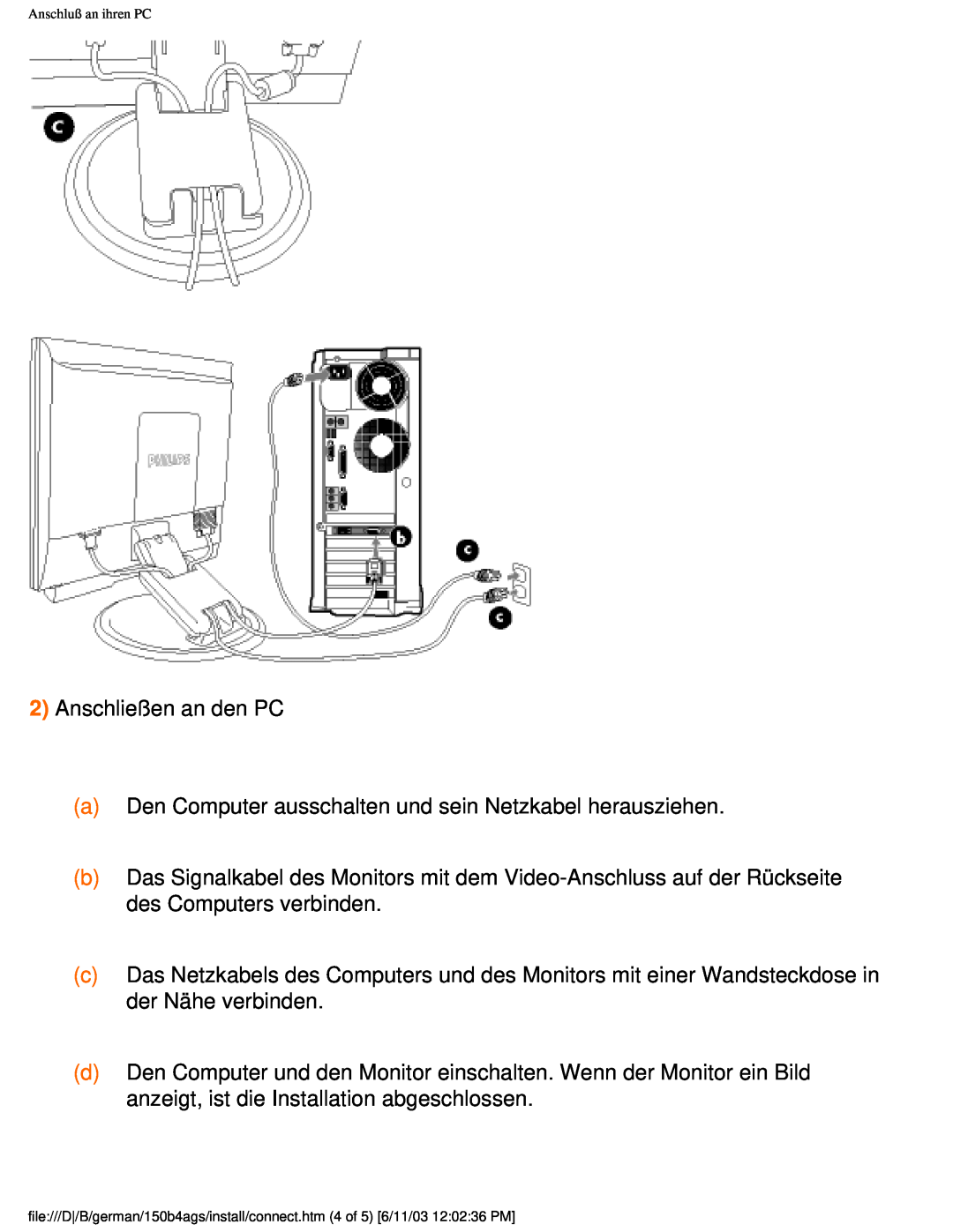 Philips 150B4AG user manual 2Anschließen an den PC 