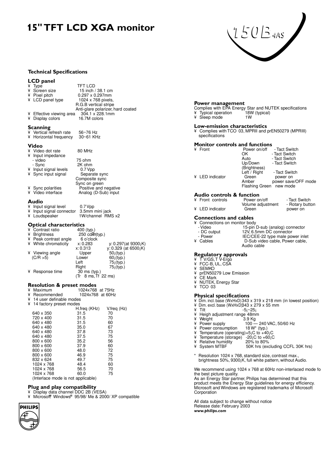 Philips 150B4AS Technical Specifications LCD panel, Scanning, Video, Audio, Optical characteristics, Power management 