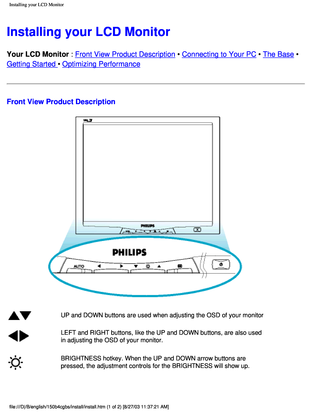 Philips 150B4CS, 150B4CB, 150B4CG user manual Installing your LCD Monitor, Front View Product Description 