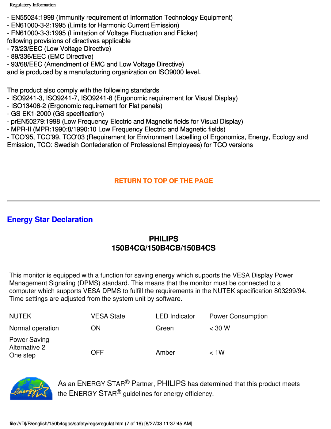 Philips user manual Energy Star Declaration, PHILIPS 150B4CG/150B4CB/150B4CS, Return To Top Of The Page 